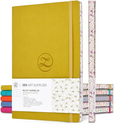 ZenART Punktiertes Notizbuch aus Kunstleder - Größe B5, 17,8 x 25,4 cm, 120g/m² Premiumpapier, Notizbuch mit lebhaften Farben, japanisches Randmotiv - Layflat, Punkt Raster zum Notieren