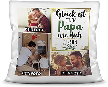 Print Royal Kissen mit Füllung - Fotocollage selbst gestalten mit Spruch für Papa - GLÜCK - mit DREI eigenen Fotos - Geschenkidee Fotokissen - Kissen Polyester - Weiß