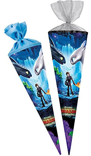 Schultüte Größenwahl Dragons - Drachenzähmen leicht gemacht - 100 cm - 12 eckig - Tüllabschluß - Zuckertüte - mit/ohne Kunststoff Spitze - Nestler - Jun..