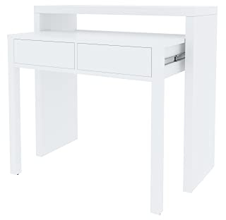 Ausziehbarer Konsolenschreibtisch mit zwei Schubladen, mattweiße Farbe, Maße 98 x 87 x 36 cm (ausziehbar bis 66 cm)