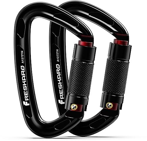 FresKaro CE and UIAA Certified Climbing Carabiners, 25kN/2550kg, Twist Lock, Suit for Rock Climbing, Rappelling, Camping, Dog Leash, Hammock, Swing, Yoga etc, D Shaped, Large Size, Black, 2pcs
