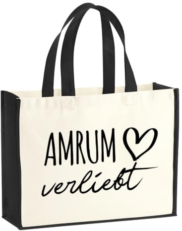 Huuraa Jutetasche Amrum verliebt Geschenk | Großer Shopper 21 Liter Juteshopper Black Tasche aus Jute und Baumwolle Einkaufstasche Geschenkidee Tragetasche mit Motiv