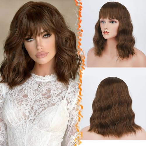 Barsdar Kurze Bob Perücke mit Pony - Schulterlange Frauen Perücke, Lockig, Gewellt, Synthetisch, Cosplay & Kostüm Perücke für Mädchen - Bunte, Natürliche Gewellte Perücken
