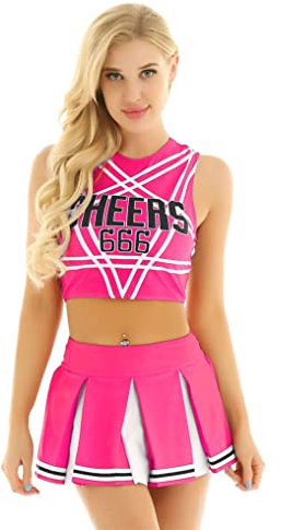 Kaerm Cheerleading Kostüm Damen Bauchfrei Oberteil Ärmellos Tanz Top Mit CHEERS 666 Print A Linien Faltenrock Sexy Kurz Minirock Für Fasching Karneval Hot Pink M