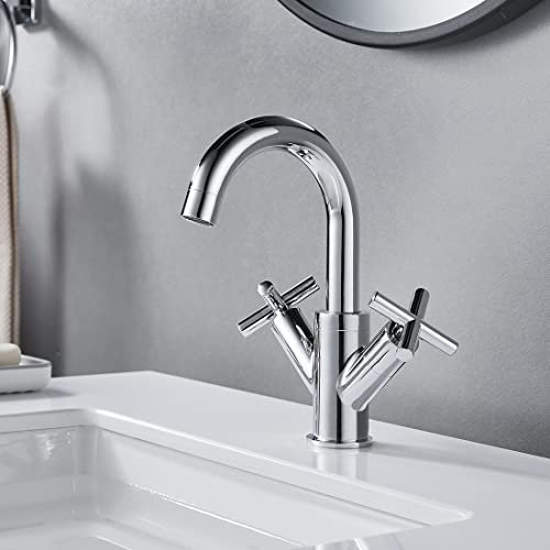 NewEast Grifo mezclador de lavabo, doble mango de cruz giratorio, grifo de lavabo de baño con residuos emergentes, moderno grifo de lavabo cromado