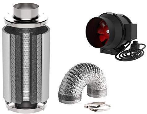 Abluft Set Grow Klima regelbare Lüftung, Aktivkohlefilter, Aluschlauch und Schlauchklemmen Ventilator 320 580 1200 m³/h (320m³/h)