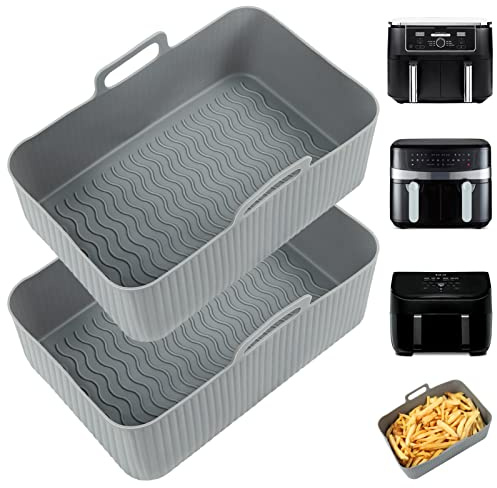 YQL Large Air Fryer Liners Silicone for Ninja Foodi Max Dual 9.5L/EMtronics | 2PCS Reusable Airfryer Trays Accessories, Dishwasher Safe, Grey, for Ninja AF400UK/DZ400UKSTGD/SL400UK/Other 8.5-9.5 L Dual