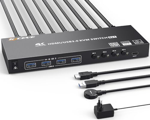 Switch KVM USB3.0 HDMI 4 Puertos 4K@60Hz Simulaci贸n EDID, ESKEVE KVM Switch 4 PC 1 Monitor 2K@120Hz para 4 PC Share 1 Monitores y 4 dispositivos USB3.0,con control remoto con cable y cable HDMI+USB3.0