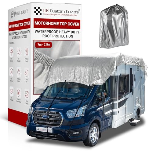 Motorhome Roof Cover – Top Protector with Straps & Storage Bag, Waterproof, UV Proof, Breathable – 150D Polyester PU Coated, Durable & Soft on Paintwork by UK Custom Covers (Size 7-7.5m, Silver)