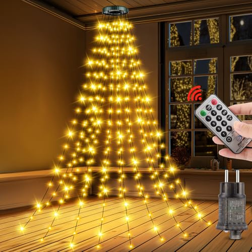 Lichterkette Weihnachtsbaum Innen Außen - 3.0M 16 Stränge 480LEDs Wasserdicht Christbaumbeleuchtung mit Ring, Weihnachtsbeleuchtung mit Fernbedienung 8 Modi Memory Timerfunktion Christbaum Dekoration