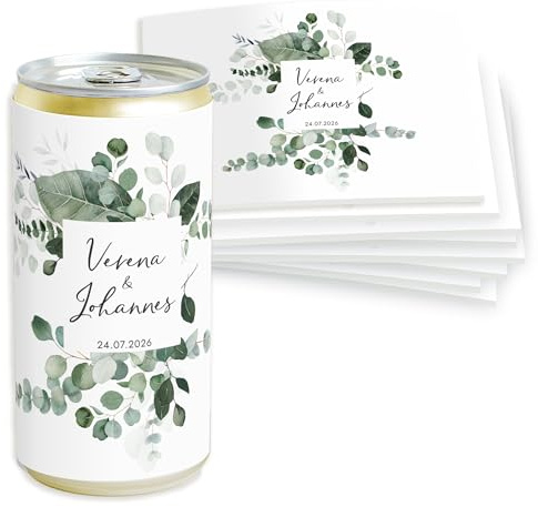 Mimi und Anton Prosecco Banderole PERSONALISIERT | 10x Sticker für Hochzeit, JGA, Geburtstag,Getränke-Dosen-Banderole Design Eukalyptus Greenery