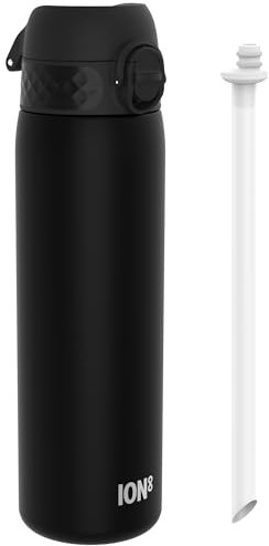 Ion8 Borraccia con Cannuccia, 500ml/18 oz, Anti-perdite, Facile da Aprire, Chiusura Sicura, Lavabile in Lavastoviglie, Senza BPA, Coperchio Igienico, Maniglia per il Trasporto, Facile da Pulire, Nero