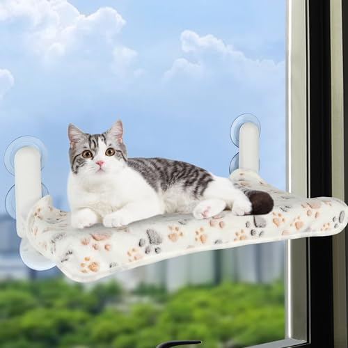 Mooche 304 Edelstahl Katzen-Fensterbett, Faltbare Katzen-Hängematte mit gemütlicher Decke, starken Saugnäpfen, für Glasfenster, hält bis zu 25 kg, 60 x 28 cm