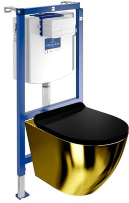 Lavita ViConnect H112 Vorwandelement Unterputz WC mit Bedienplatte + Wand Hänge Tiefspül WC Sofi Slim Gold/Black Spülrandlos + WC Sitz Komplettset Unterputz Spülkasten Toilette Komplett Sett WC