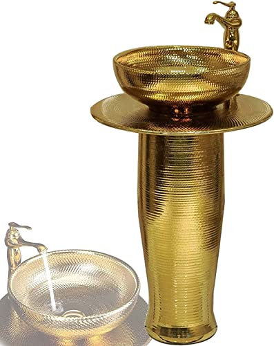 Vanity Unit with Basin,Bathroom Basin Sink with Full Pedestal, Pedestal Sink Gold Plated Modern Ceramic Bathroom Basin Sink, Kaolin Clay Pedestal Sink Round Freestanding Sink (Size