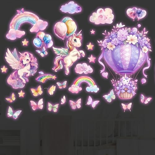 Licorne Étoile Lumineuse Plafond Stickers Muraux-Étoile Fluorescente, Arc en Ciel Décoration Chambre Enfant et Fille, Autocollant Mural Papillons Nuage Étoile Décoration Murale Chambre