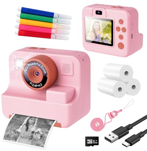 Appareil photo instantané pour enfants - Avec papier d'impression et carte TF 32 G - Caméra vidéo avec stylos colorés - Jouet cadeau pour enfants de 3 à 14 ans (rose)