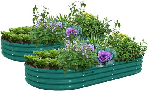 Tramull 2 Pack 8x4x1FT Galvanized Raised Garden Bed Kit Oval Metal Ground Planter Box Outdoor Bottomless Planter Raised Beds for Vegetables Flowers Herbs Fruits, Green
