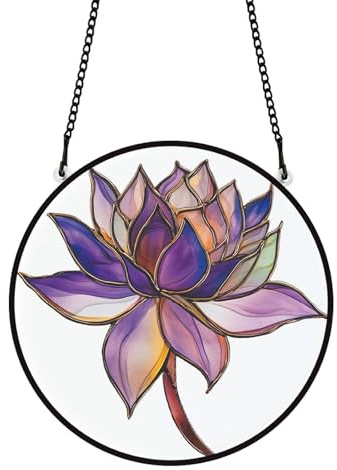 PLIGREAT Buntglas Fensterbehang, lila Lotus Acryl Sonnenfänger Vier Jahreszeiten Thema Blumen Sonnenfänger Fensterbehänge Ornamente für Garten Wohnzimmer Schlafzimmer Weihnachten Baumdekoration