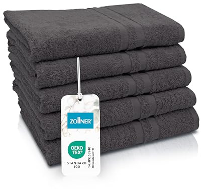 ZOLLNER 5er Set Duschtücher in 70x140 cm - Flauschige Badehandtücher aus Baumwolle - mit moderner Streifenbordüre - bis 60°C waschbar - mit praktischem Aufhänger - in Graphit - Hotelqualität