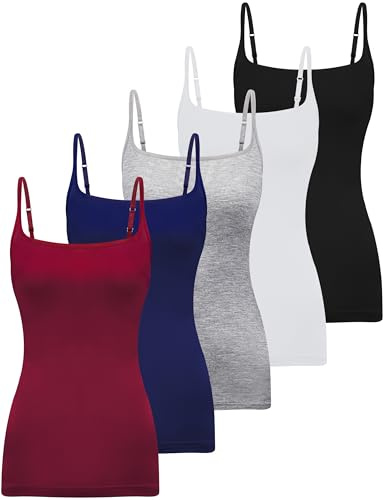 BQTQ 5 Pcs Womens Camisole Square Neck & Spaghetti Strap Slim Fitted Basic Top (UK, Alpha, S, Regular, Standard, Black, White, Gray, DarkRed, Navy)