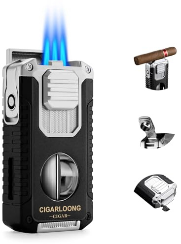 Briquet à Cigare Multifonction 5 en 1 avec Coupe Cigare en V, poinçon, Aiguilles, Porte-Cigare Le Support, Briquet Butane à Triple Jet de Flamme, sans Gaz (Noir)