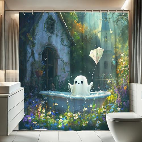 Cortina de ducha de fantasma, bonito fantasma blanco de dibujos animados con paraguas, cortina de ducha para decoración de baño, juego de cortina de ducha de tela impermeable con ganchos, 72 x 72