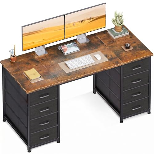 Coleshome Computer Desk with Fabric Drawers, 120x48cm Modern Office Desk with Storage, PC Study Table for Home Office、Bedroom or Living Room, Vintage Brown