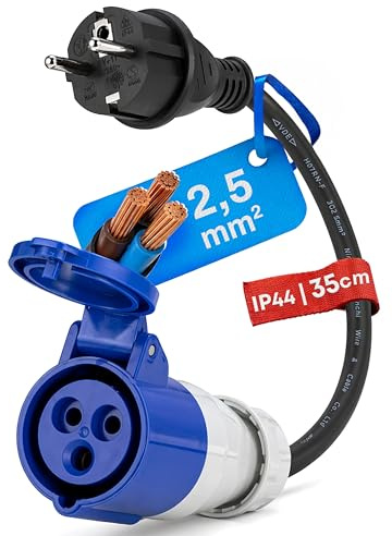 Feletec Adattatore CEE spina Schuko a presa CEE, cavo 'campeggio', cavo IP44, prolunga, H07RN-F 3G2,5, adattatore 16A