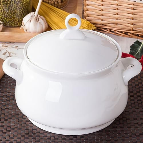 2.5L Large Capacity Porcelain ，Ceramic Soup Tureen with Lid and Handles Serving Bowls with Cover for Home Parties Family Dining Dinner, 70 Ounces, Microwave and Over Safe, White