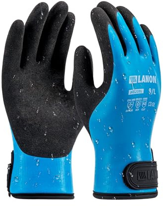 LANON Arbeitshandschuhe Winter Wasserdicht für Herren und Damen, Doppelt Gummibeschichtet Warme Thermohandschuhe, Handgelenkverschluss, Blau, XL/10