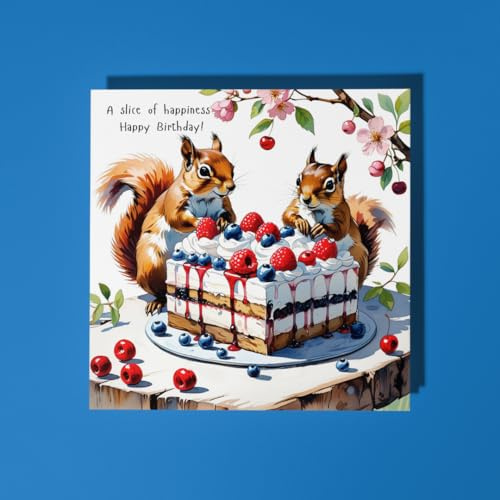 Handmade Funny squirrels eating cake A slice of happiness Happy Birthday Card - Funny Animal Card - Animal Lovers - Premium Greeting Card and Envelope Friend Family
