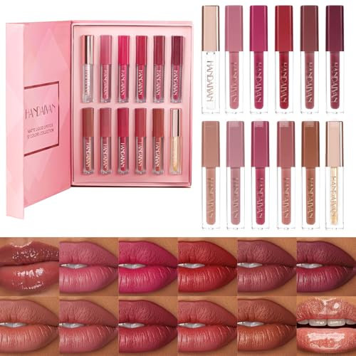 Set de 12 brillos de labios,Brillo de labios mate y brillante,Brillo de labios de larga duración para mujeres y niñas,Kit de maquillaje de labios no pegajoso con fórmula hidratante
