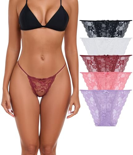ANLIQI Womens Sexy Lace Underwear String Bikini Panties High Cut Breathable Cheeky Underwear Ladies Stretch Briefs 5 Pack, 5 Pack Multi-a, M
