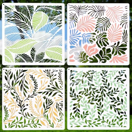 lasuroa 4stk Blatt-Schablonen zum Bemalen von Wänden, 30cm Wiederverwendbar Großes Wandschablonen-Set mit Tropischen Blatt & Botanischen Designs für DIY-Homedekor Möbel Leinwand Holz Bastelarbeiten