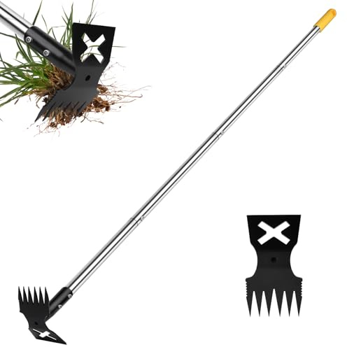 NICOFPHY Weed Puller Tool with Long Handle, 60 Manual Weeding Tools Gardening, 2 in 1 Hand Weed Rake and Hoe Garden Weeder Tool, Uprooting Pulling Weed Remover Tool for Yard, Patio, Lawn and Garden