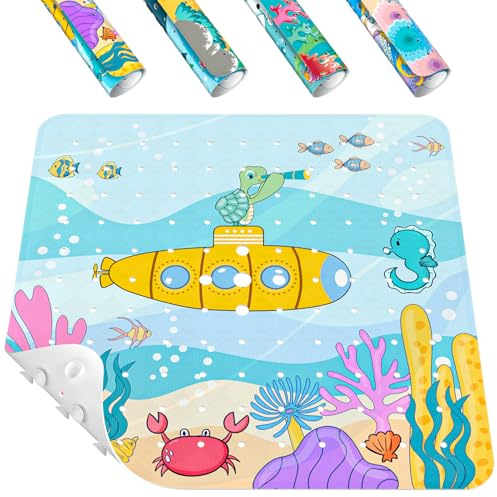 HITSLAM Quadrato Tappetino Doccia Antiscivolo Bambini, 53 x 53 cm Tappetino da Bagno, Tappeto Doccia con Ventose Resistenti e fori di Drenaggio, Morbido sotto i piedi, lavabile in lavatrice, Oceano