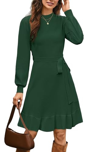 STYLEWORD Jumper Dress for Women UK Knitted Long Sleeve Dresses Ladies Ruffles Christmas Pullover Sweater Dress(Dark Green,M)