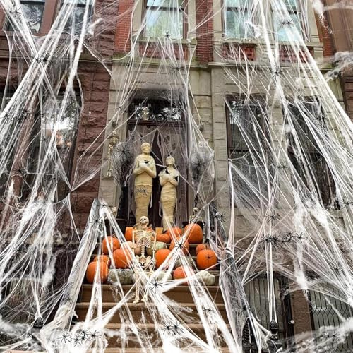 XWGKLN Ragnatela di Halloween da 800 g con 200 ragni, decorazione elastica per interni/esterni, casa infestata e oggetti di scena per feste, ragnatele finte spaventose e dense con aracnidi in plastica