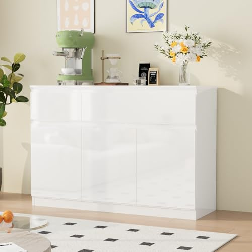 PREMTURE Modern Sideboard with 3 Doors, High Gloss Buffet Cabinet with 1 Large Drawer & 1 Small Drawer, Wooden Storage Cabinet with Adjustable Shelves for Living Room Dining Room, White