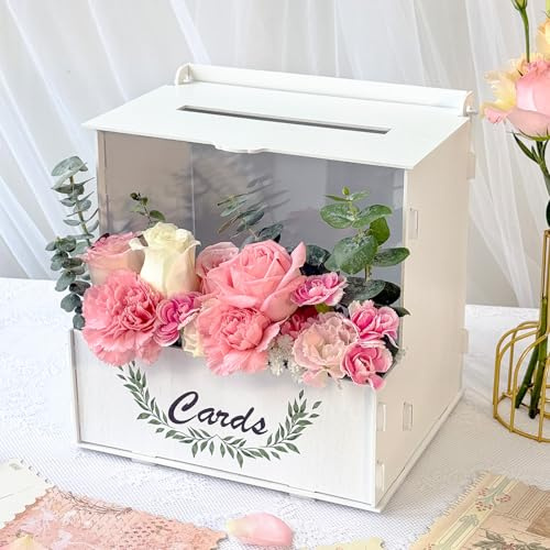 Fayavoo White Wedding Card Boxes for Reception with Flower Trough & Acrylic Board, Wooden Wedding Post Box for Cards, Large Card Storage Box for Anniversary Baby Shower Parties Decor