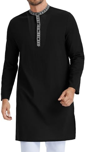 LVCBL Kaftano Linne Thobe Herr Casual Islamiska Kläder Herr Retro Abaya Lounge Robes M-3XL, Svart, M