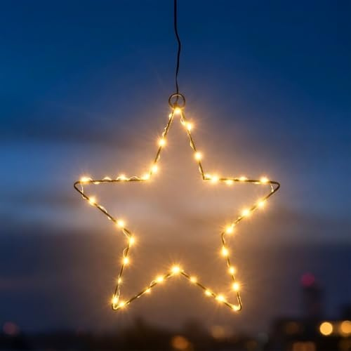 Metall Leuchtstern 25 cm schwarz zum Hängen | 80 LED, Für Außen, Mit Timer, Warmweiß beleuchtet, Batteriebetrieben