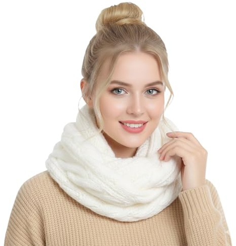 Barelove Winter Women Thick Cable Knit Loop Scarf (White)