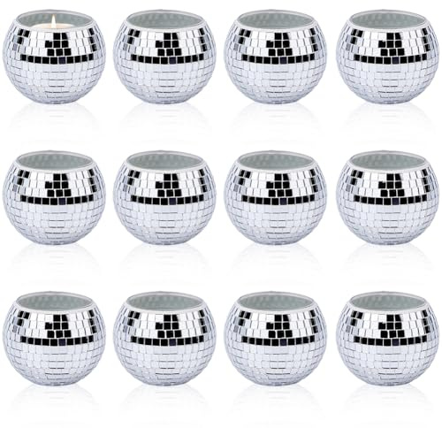 DICOSMETIC 12 Stück Disco Ball Kerzenhalter Silber Glas Spiegel Teelicht Tischdekoration 2.7x2.2 Zoll/6.85x5.5 cm Runde Votive Set Für Party Tischdekoration Silber