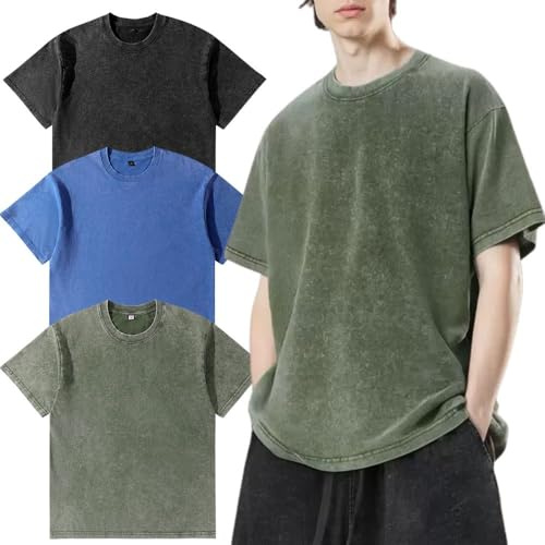 Herren Oversized T-Shirt 3er Pack Herren Basic Baumwolle T-Shirt Sommer Retro Washed Top Unisex Mode Hip Hop Vintage Casual Tee Shirts