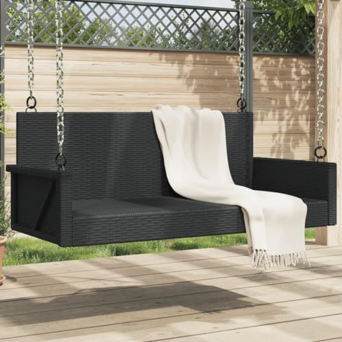 YunCangg Hängande bänk, svart av poly rotting 119 x 56 x 48 cm med pulverlackerad stålram, väderbeständig trädgårdsbänk för terrass, balkong och framträdgård, stabil trädbänk med armstöd och ryggstöd