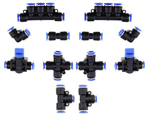 BIYM 12pcs Poussée Pneumatique pour Relier Raccords Kit de Joint de Tuyau ID 8mm OD 5/16 Pouce Tube Croix Coude Tee Droite Vannes Manifold Main Professionnel
