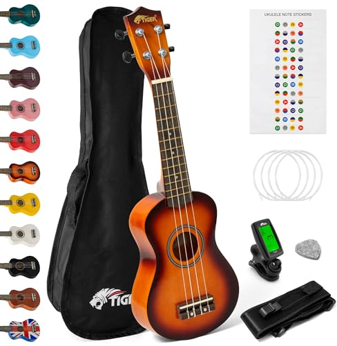 TIGER UKEKIT-SB Sopran-Ukulele, Anfänger-Set. Stimmgerät, Gurt, Tasche, Pick, Saiten - Sunburst | UKEKIT-SB Set mit Stimmgerät, Gurt, Tasche, Filzplektrum & Ersatzsaiten, mit Aquila‑Saiten, ideal für Anfänger