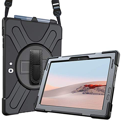 ProCase Surface Go 3/2 Carcasa Rugosa con Soporte Rotativo, Asa de Mano y Correa de Hombro, Funda Rugerizada Antigolpe -Negro